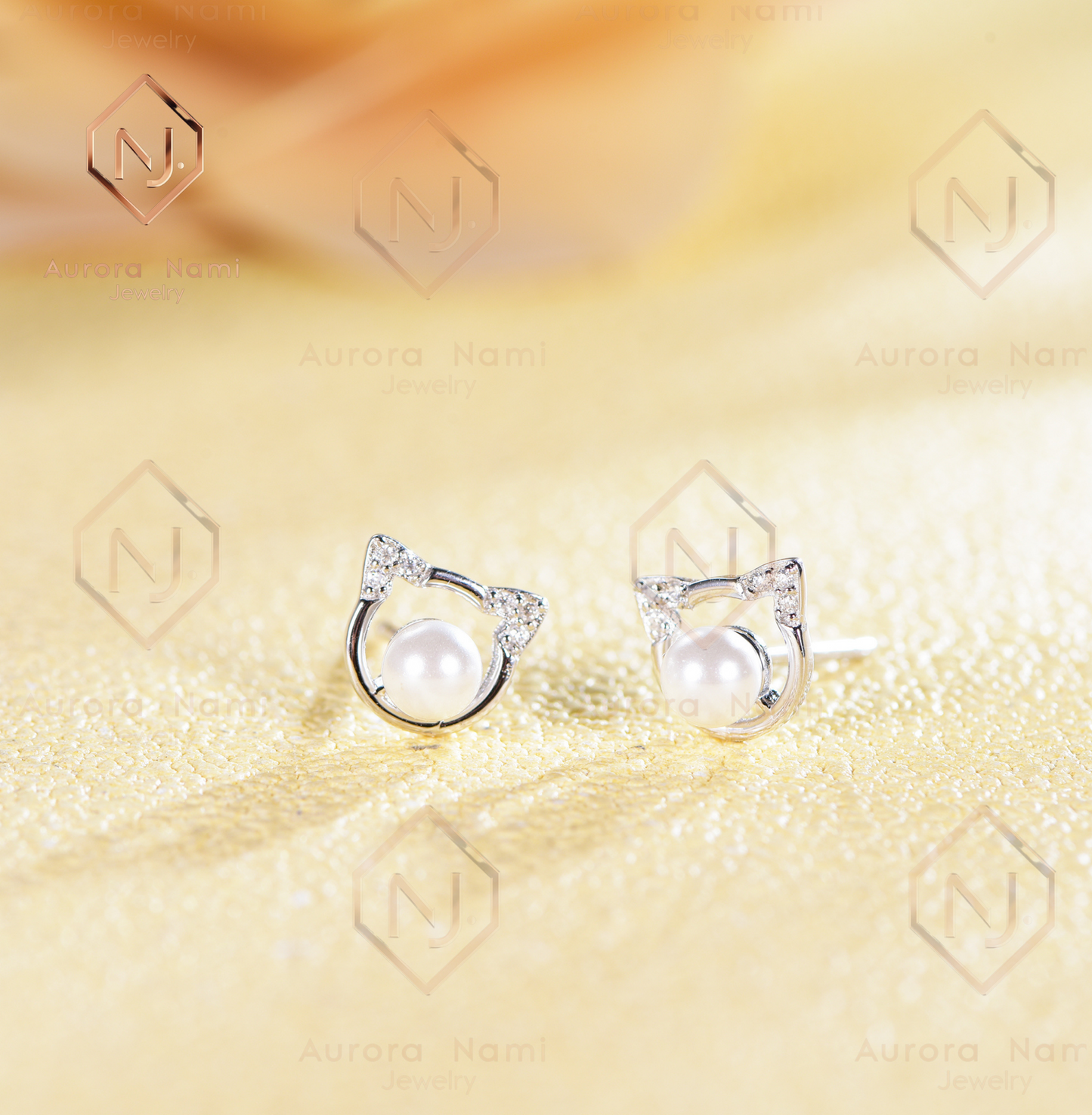 Cat Ears Pearl Studs With Moissanite