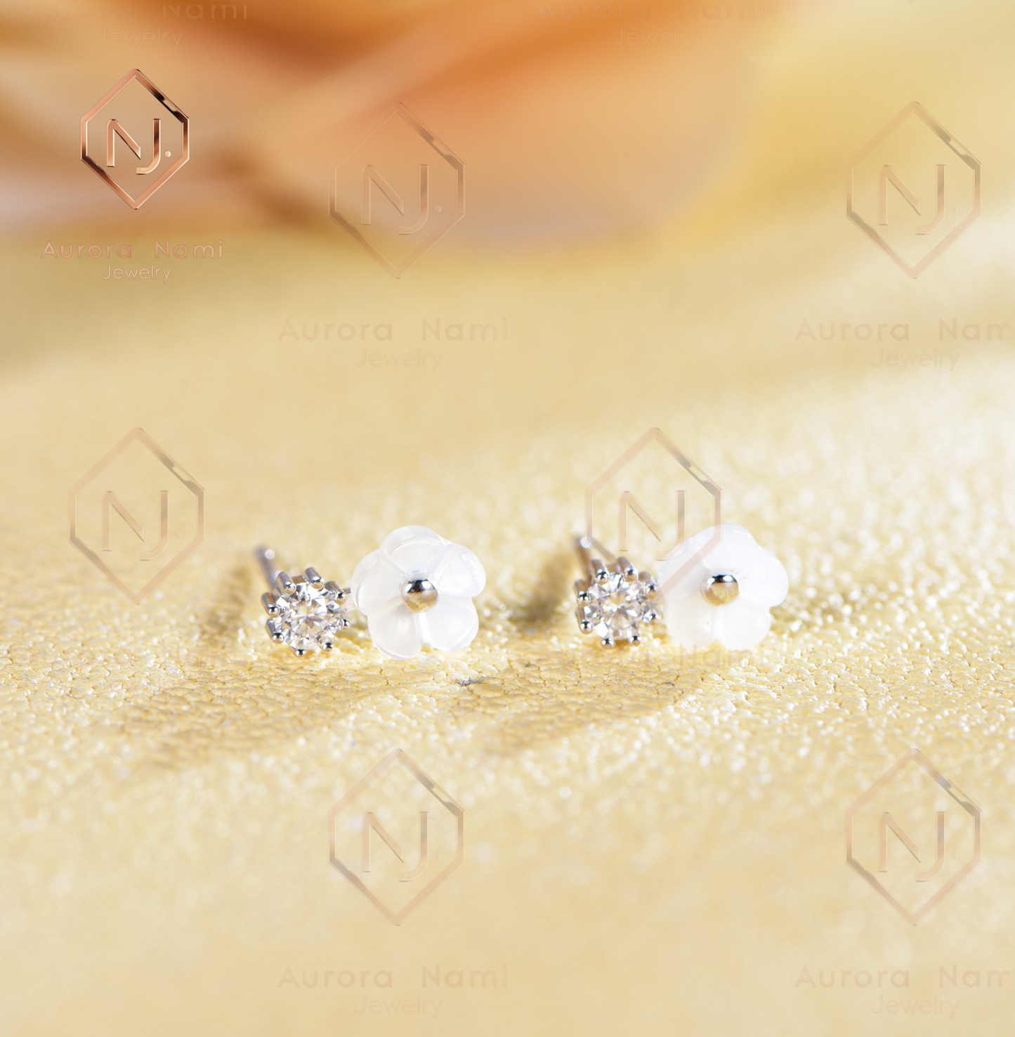 White Flower Petal Pearl Studs With Moissanite