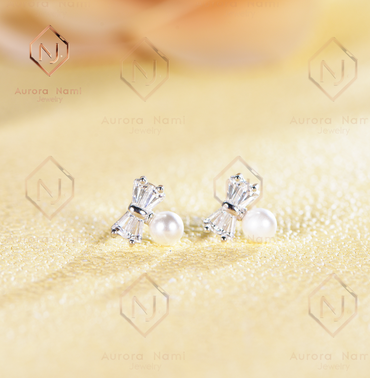 Mother of Pearl Studs w Moissanite Bow