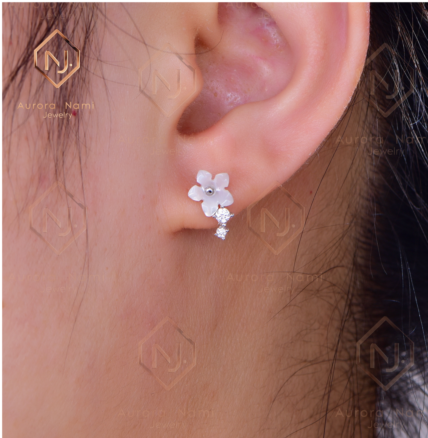 White Flower Petal Pearl Studs With Moissanite