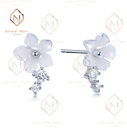 White Flower Petal Pearl Studs With Moissanite