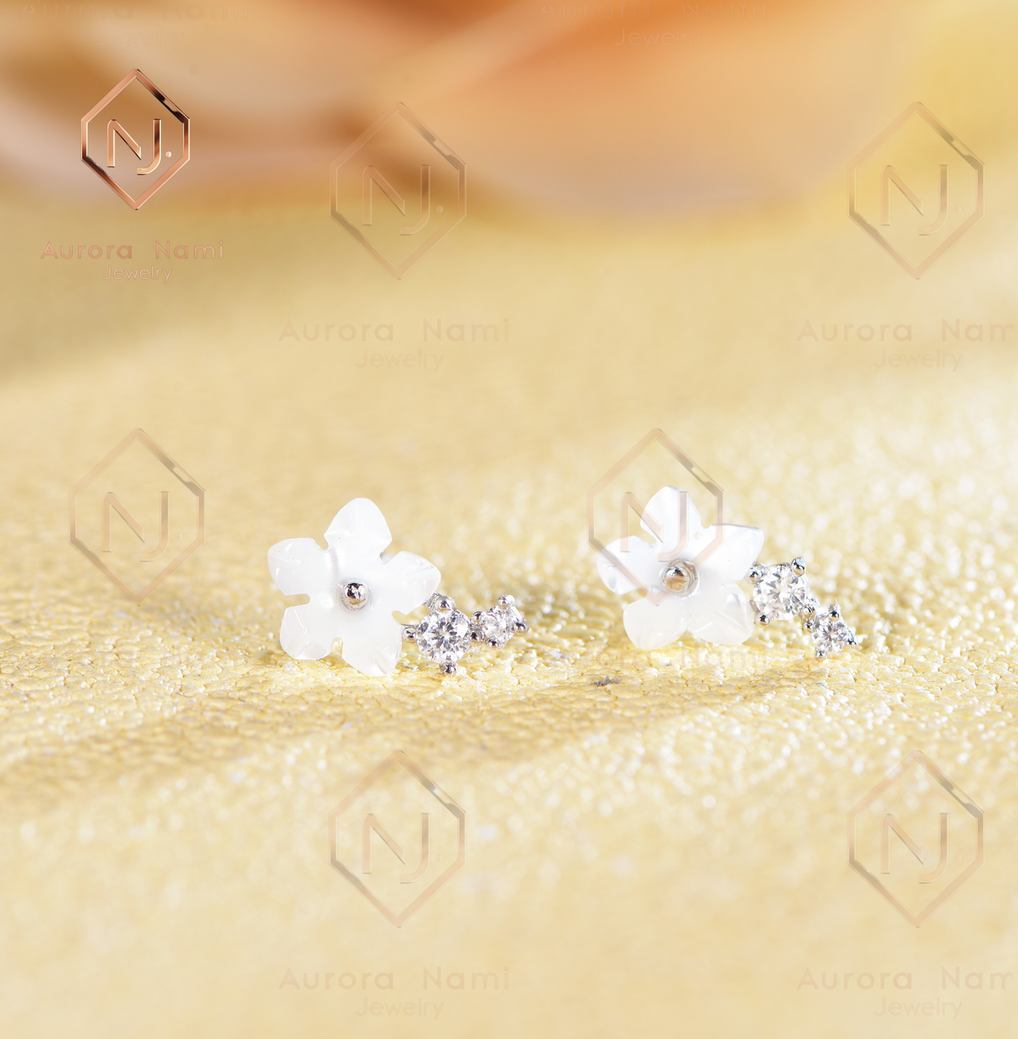 White Flower Petal Pearl Studs With Moissanite