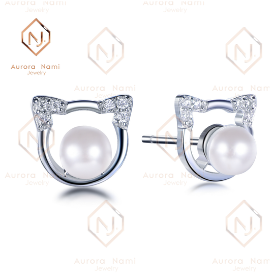 Cat Ears Pearl Studs With Moissanite