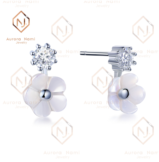 White Flower Petal Pearl Studs With Moissanite