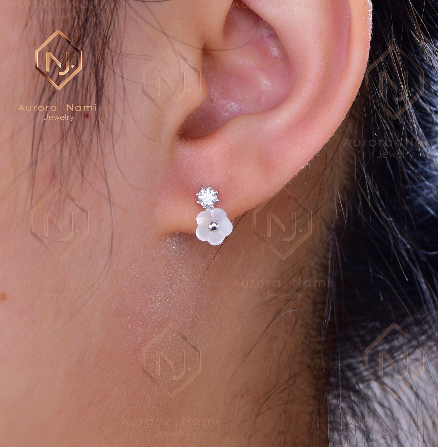 White Flower Petal Pearl Studs With Moissanite