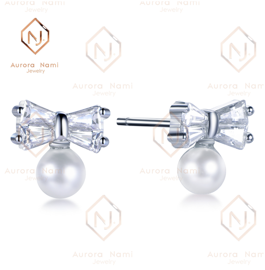 Mother of Pearl Studs w Moissanite Bow