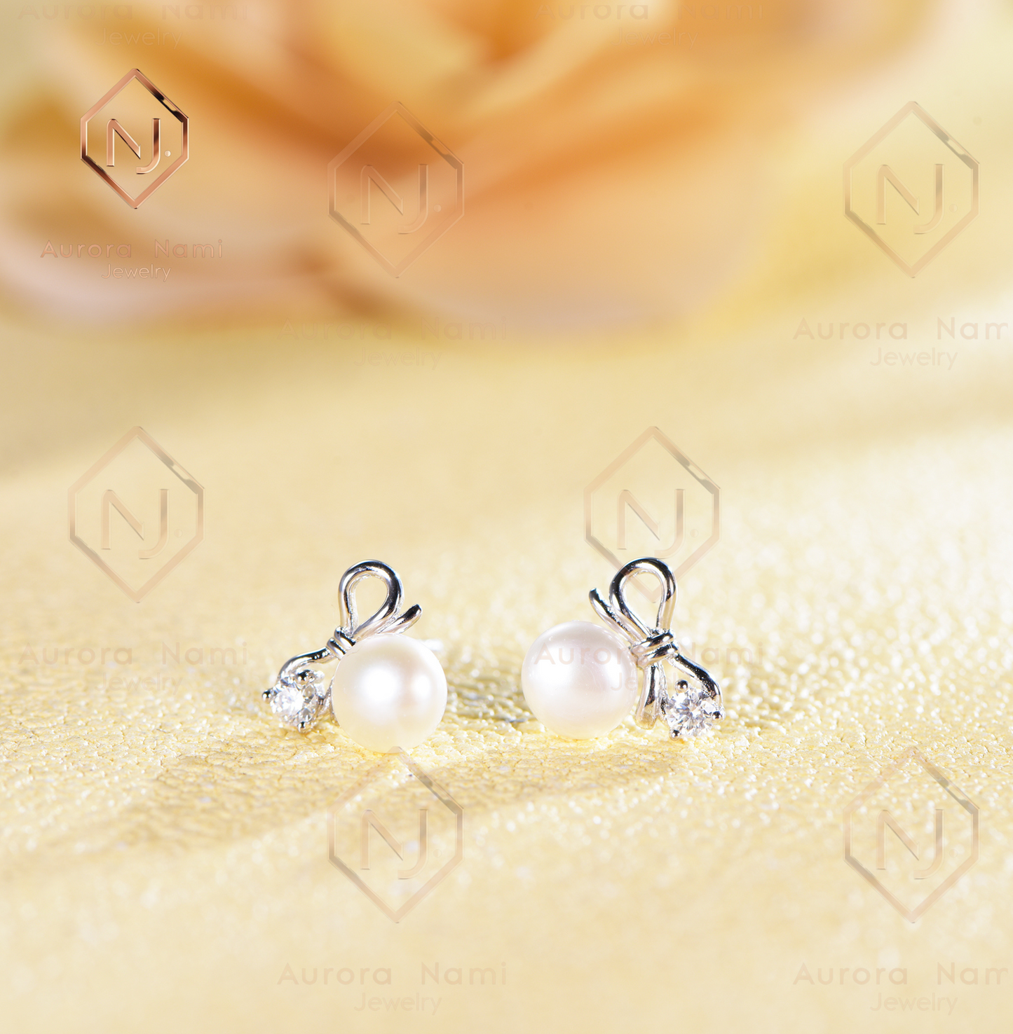 Mother of Pearl Studs With Moissanite Bow