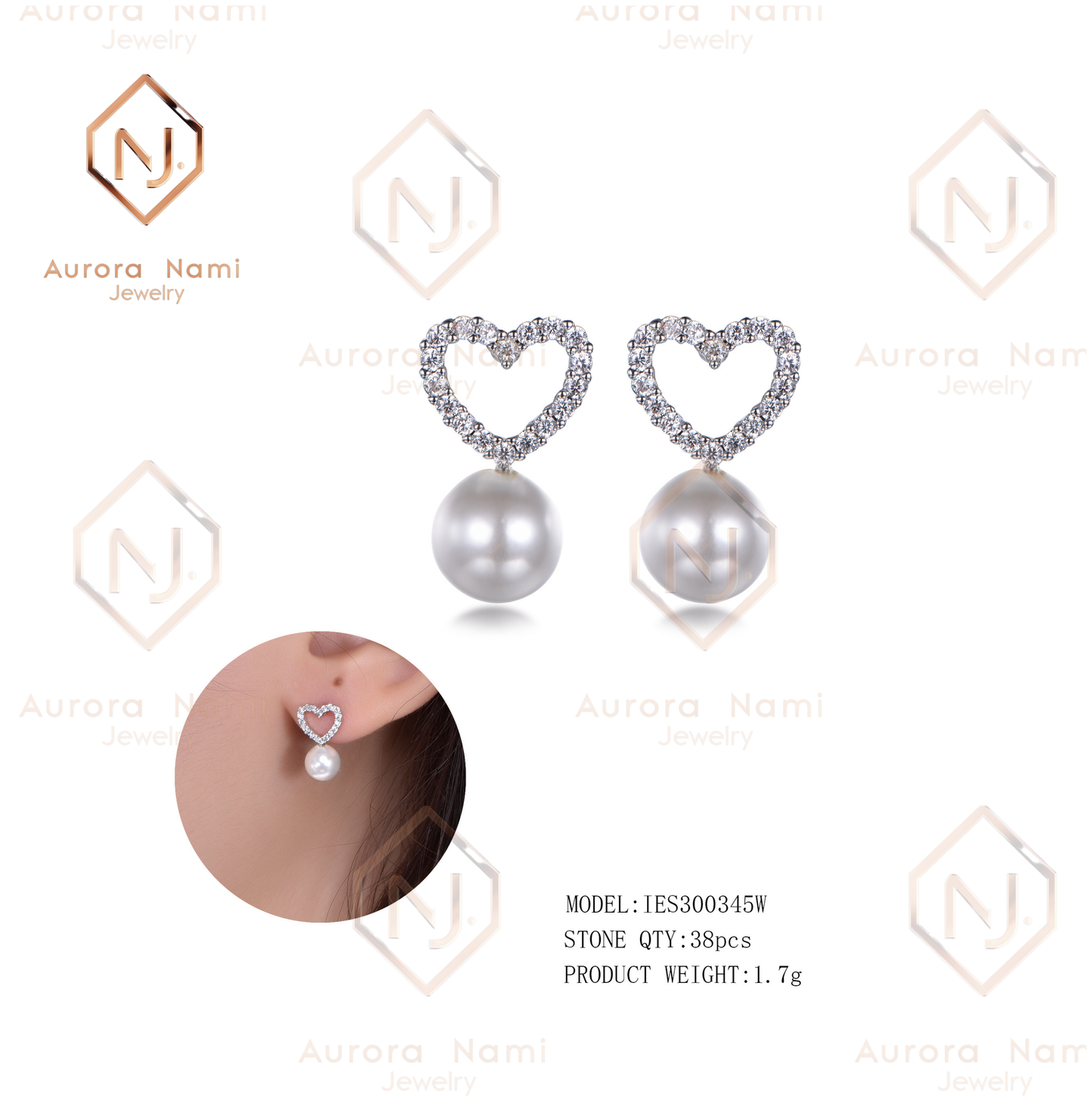 Mother of Pearl Studs w Moissanite Heart Shape